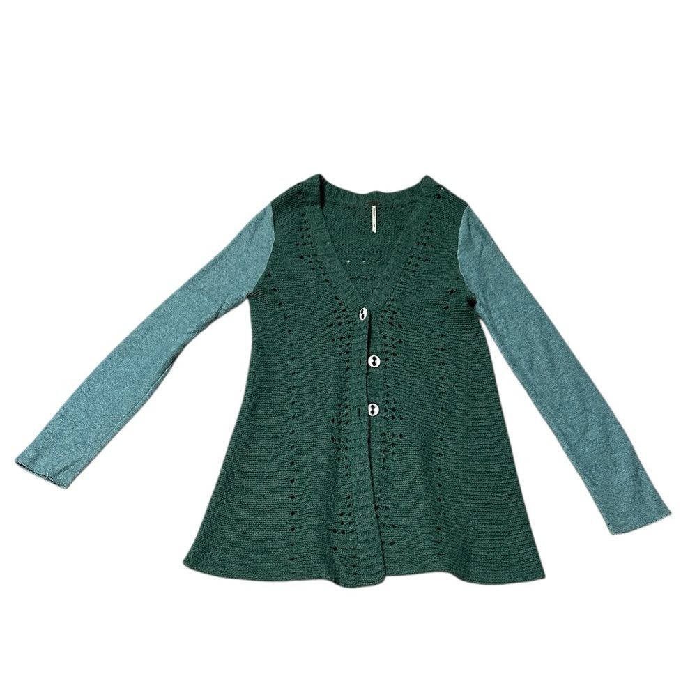 Free People Knit Cardigan Sweater Green Lace Back Button Boho Long Sleeve Small